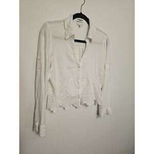Express Portofino Large Blouse White Eyelet Crochet Long Sleeve Slim‎